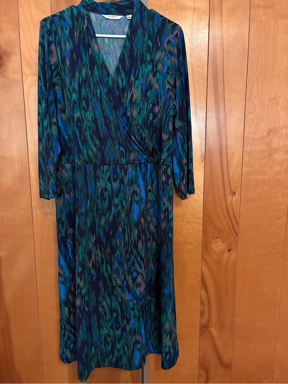 Liz Claiborne Women’s Wrap-Style Midi Dress in Navy Green Print L